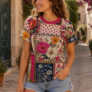 Könnte beinhalten: Ein kurzärmeliges T-Shirt mit einem Patchwork-Design aus Blumenmustern, Punkten und Leopardenmuster in den Farben Pink, Orange, Weiß und Marineblau. Das Shirt hat einen einfarbigen pinken Rundhalsausschnitt und wird mit hellblauen Jeansshorts kombiniert.