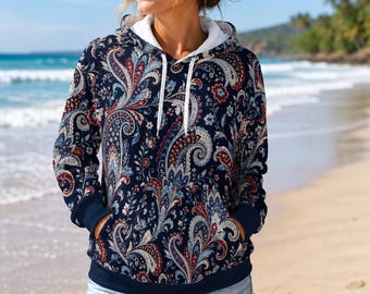 Sudadera con capucha para mujer con estampado floral paisley azul marino, estilo bohemio western cottagecore.