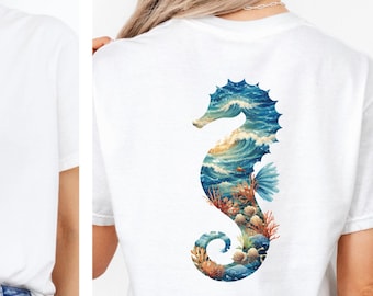Coastal Graphic T Shirt Comfort Colors, Seahorse Shirt, Beach Back Print Tee, Ocean Aesthetic Shirt, Summer Coastal Tee