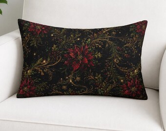 Black Poinsettia Lumbar Pillow, Victorian Holiday Scrollwork Cushion