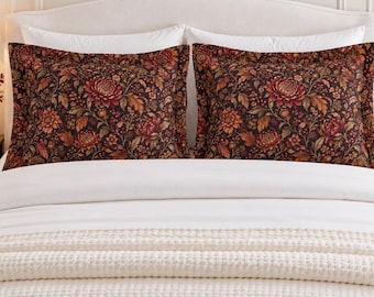 Dark Autumn Floral Pillow Sham, Moody Garden Bedding, Burgundy Rust Brown (Microfiber)
