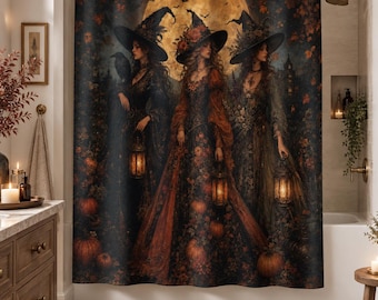 Three Witches Shower Curtain, Gothic Halloween Bathroom Decor, Witchcore Moonlit Art