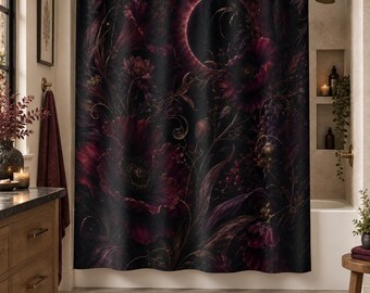 Gothic Eclipse Shower Curtain, Dark Floral Moon Art, Burgundy Victorian Decor