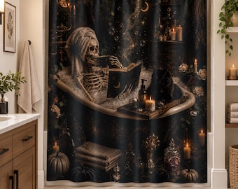 Gotischer Duschvorhang mit lesendem Skelett, Badezimmerdeko im Dark-Academia-Stil für Halloween
