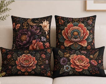 Night Garden Pillow Covers & Shams | Dark Botanical Floral Throw Pillows