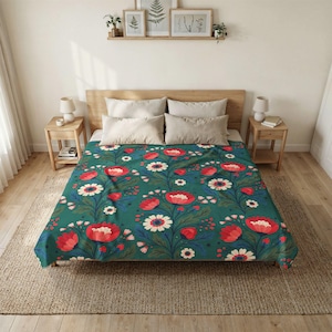 couvre-lit tissé à fleurs bohème | Literie d'art populaire | Courtepointe botanique colorée | Couvre-lit léger | Couvre-lit pour grand très grand lit | Décoration Cottagecore