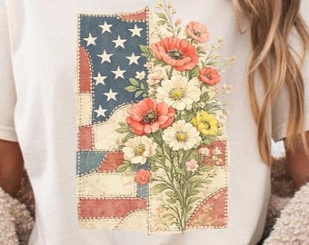 Camiseta vintage americana con estampado floral y patchwork, camiseta patriótica estilo cottagecore con la bandera para mujer.