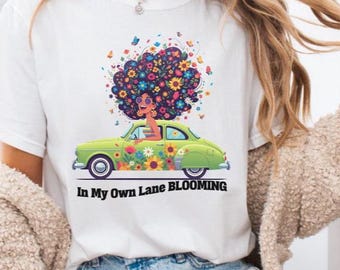 Retro Floral Car Shirt: Boho In My Own Lane Blooming Tee, Colorful Summer T-Shirt Women