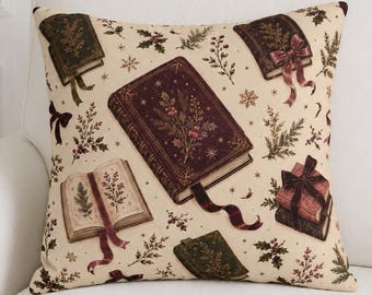 Christmas Book Throw Pillow Cover, Vintage Literary Holiday Bedding Collection