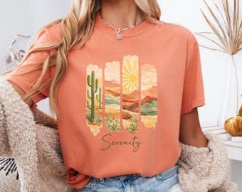 Camiseta Desert Serenity Comfort Colors: Camiseta estilo western con estampado de cactus y puesta de sol de inspiración bohemia.
