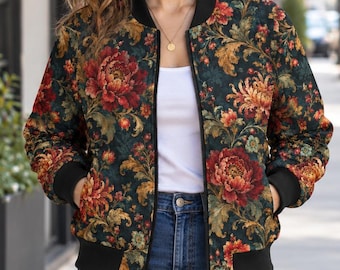 Women’s Floral Bomber Jacket, Vintage Dark Floral Jacket, Romantic Tapestry Inspired Coat, Moody Flower Statement Jacket