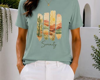 Camiseta estampada "Desert Cactus Sunset": Camiseta de algodón suave estilo boho western.