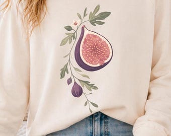 Sudadera Fig para mujer, cuello redondo con estampado botánico de frutas, jersey de estética mediterránea, sudadera cottagecore, top floral minimalista