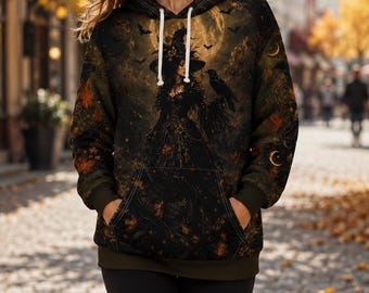 Gothic Witch Hoodie, Dark Academia Raven Moon Print Sweatshirt