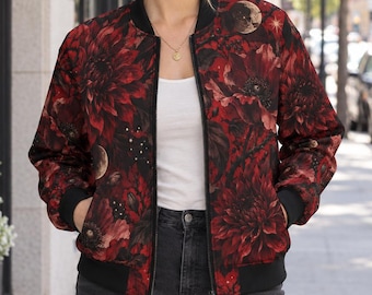 Dark Red Floral Celestial Bomber Jacket, Gothic Raven Moon Print
