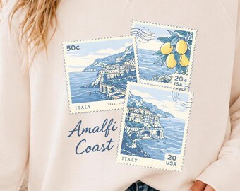 Sudadera Costa Amalfitana para mujer, sudadera italiana de cuello redondo, sudadera vintage con estampado de sello postal, jersey con estética costera, top con estampado de limón.