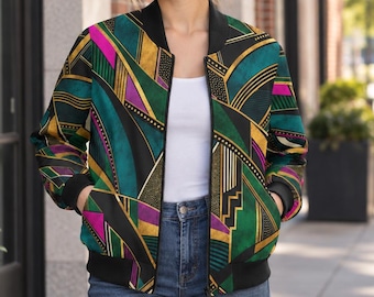 Art Deco Geometric Bomber Jacket, Emerald Teal Gold Gatsby Style