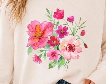 Sudadera de cuello redondo con estampado floral en acuarela, jersey botánico vintage, prenda cómoda de felpa francesa.