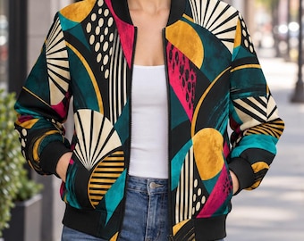 Art Deco Geometric Bomber Jacket, Teal Gold Abstract Print, Retro Statement Wearable Art