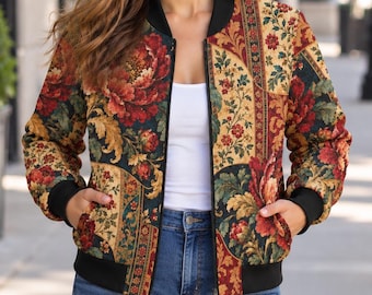 Women’s Floral Bomber Jacket, Vintage Tapestry Inspired Jacket, Dark Romantic Floral Coat, Baroque Style Statement Jacket