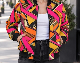 Women’s Geometric Bomber Jacket, Hot Pink Orange Art Deco Statement Jacket, Bold Abstract Print