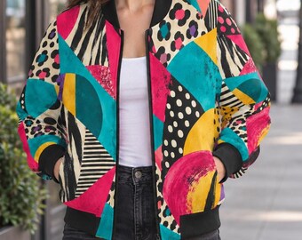 Women’s Colorful Abstract Bomber Jacket, Geometric Animal Print Statement Jacket 80's Inspired
