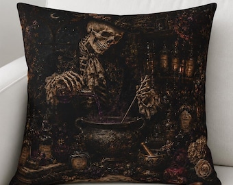 Gothic Skeleton Apothecary Pillow, Dark Academia Halloween Cushion, Witch Potion Decor
