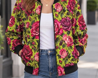 Women’s Rose Bomber Jacket, Pink Floral Statement Jacket, Vintage Garden Inspired Clothing