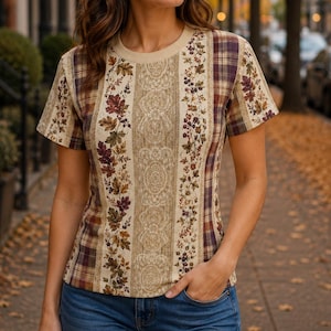 May include: A short-sleeve crew neck t-shirt featuring a vertical panel design. The centre panel has a beige damask pattern, flanked by two vertical strips of autumn leaves and berries, with plaid side panels in shades of brown, tan, and purple.
