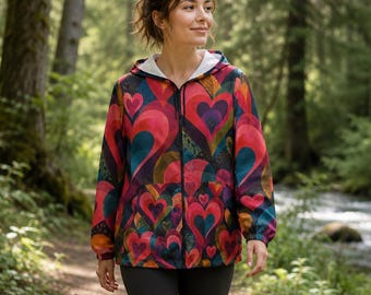Veste coupe-vent coeur coloré, veste coeur bohème, coupe-vent coeur abstrait, veste légère artistique, vêtement d'extérieur tendance