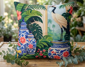 Outdoor Chinoiserie Crane Pillow: Blue White Tropical Garden Cushion