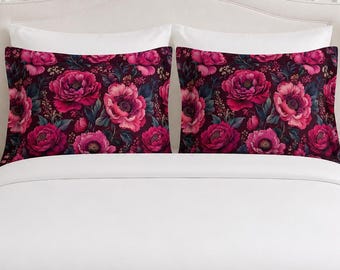 Dark Pink Floral Pillow Sham, Moody Roses, Gothic Botanical Bedding Collection