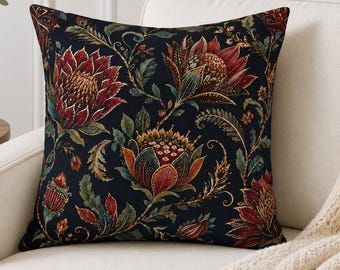 Dark Floral Botanical Throw Pillow Cover, Moody Vintage Tapestry Bedding Collection