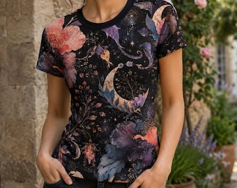 Celestial Floral T-Shirt | Moon Phase Botanical Dark Cottagecore Top