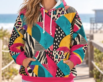 Women’s Colorful Abstract Hoodie, Geometric Animal Print Hoodie, Maximalist Statement Pullover