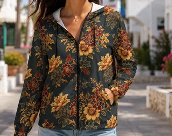 Chaqueta cortavientos floral vintage, chaqueta unisex botánica verde azulado oscuro, chaqueta con cremallera de flores otoñales, prenda exterior floral ligera de Moody Garden.