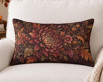 Dark Autumn Floral Lumbar Pillow, Moody Vintage Flowers, Burgundy Rust Fall Decor