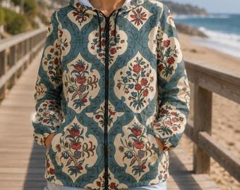 Vintage Floral Botanical Windbreaker Jacket, Cottagecore Lightweight Zip Up Hoodie