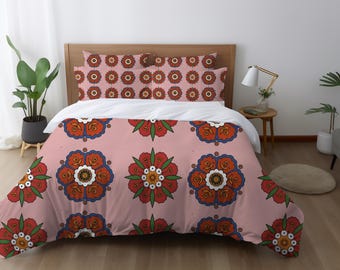 Boho Folk Floral Medallion Duvet Cover, Vintage Inspired Mustard Pink Bedding