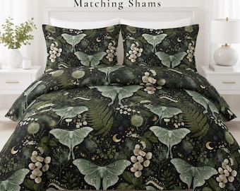 Luna Moth Botanical Duvet Cover, Dark Cottagecore Woodland Bedding