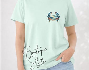 Coastal Crab Shirt, Women's Maple Tee, Ocean Graphic Top, Beach Vacation Style