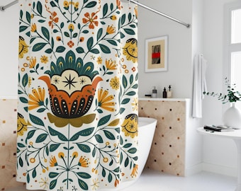 Scandinavian Folk Art Shower Curtain: Boho Floral Botanical Bathroom Decor