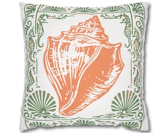 Cojín con diseño de conchas marinas costeras, borde botánico vintage, cojín decorativo de estilo náutico playero.
