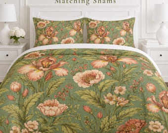 Funda nórdica con estampado botánico vintage, juego de ropa de cama estilo cottagecore en verde salvia.