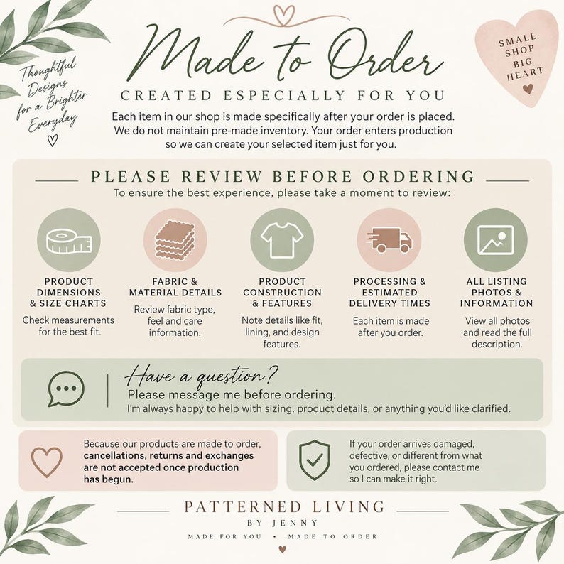 May include: An informational graphic titled Made to Order, Created Especially for You. It includes sections for reviewing product dimensions, fabric details, construction, delivery times, and photos, plus contact and return policy information.