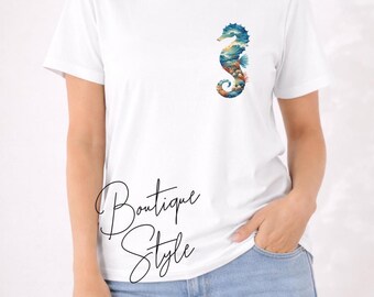 Coastal Animal Shirt Women, Seahorse Tee, Women's Maple Tee, Ocean Graphic Shirt, Beach Vacation Shirt, Feminine Coastal Top