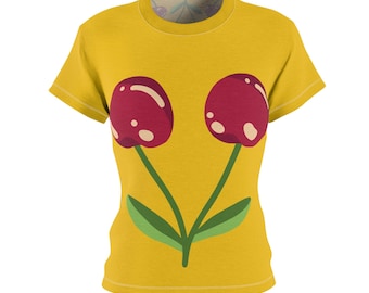 Camiseta minimalista con estampado de cerezas, camiseta gráfica amarilla de estilo escandinavo