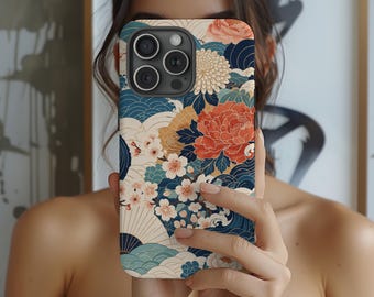 Japanische Blumen Handyhülle, Kirschblüten iPhone Hülle, Asiatische ästhetische Handyhülle, Pfingstrose Wellen Kunst Hülle, elegante botanische iPhone Hülle