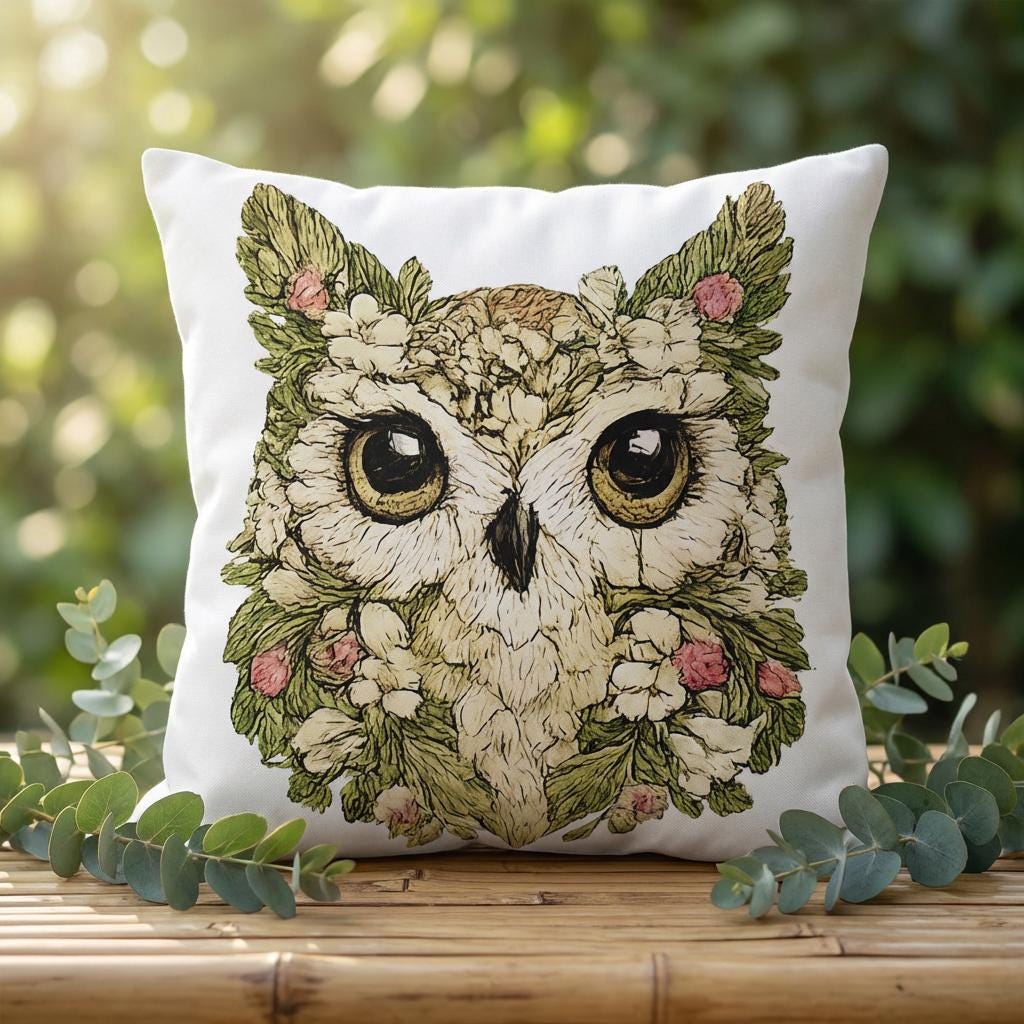 Botanical Owl Outdoor Pillow, Reversible Woodland Owl Cushion, Cottage Garden Patio Pillow, Rustic N