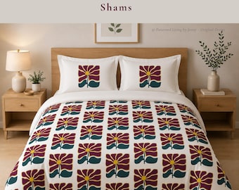 Funda nórdica floral retro, ropa de cama moderna de mediados de siglo, ropa de cama con estampado floral llamativo, decoración colorida para el dormitorio, funda de cama floral bohemia